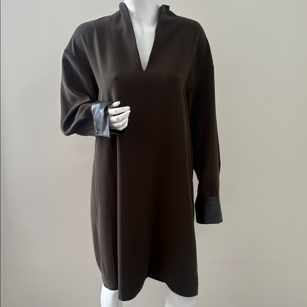 Vince Flowy Long Sleeve Dark Green Mini Dress Leather Cuffs & Clear Bead Button